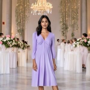 Lilac White Dot Fit Flare Maxi Dress L V-Neck Long Sleeve Prom Cocktail EXC